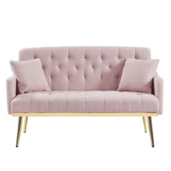 2-Seater Teddy Fabric Sofa With Tufted Back And Seat, 2 Pillows And Gold Metal Legs For Living Room