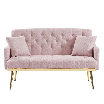 2-Seater Teddy Fabric Sofa With Tufted Back And Seat, 2 Pillows And Gold Metal Legs For Living Room 1 2-Seater Teddy Fabric Sofa With Tufted Back And Seat, 2 Pillows And Gold Metal Legs For Living Room