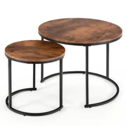 Tangkula 2PCS Stacking Metal Legs Modern Side Round Nesting Coffee Table W/ Wooden Tabletop For Living Room Rustic Brown/Brown 15 Tangkula 2PCS Stacking Metal Legs Modern Side Round Nesting Coffee Table W/ Wooden Tabletop For Living Room Rustic Brown/Brown -Baxton Studio Shop GUEST 5f048030 cf68 45cf 80fc 3f89aaaaddcf