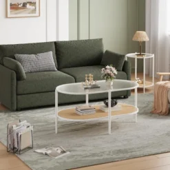 2-Tier Rattan Coffee Table, Boho Oval Coffe Table With Tempered Glass Top -Baxton Studio Shop GUEST 5f433f1e 4c9e 4135 900b 4a15b938f763