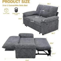 Vipbear 3-in-1 Convertible Sofa Bed, Pull Out Sleeper Sofa With USB Charging Station & Adjustable Backrest