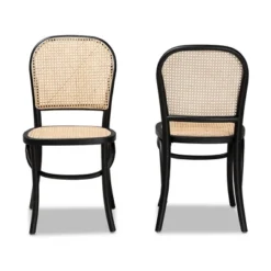 Baxton Studio 2pc Cambree Woven Rattan And Wood Cane Dining Chair Set Brown/Black: Mid-Century, Beech Frame, Polyester Upholstery