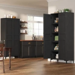 Coucheta Tall Kitchen Pantry Cabinet, 5 Tier Freestanding Cabinet With 2 Doors And Adjustable Shelves For Kitchen, Dining Room, Bathroom，black -Baxton Studio Shop GUEST 611b471d a24f 4a07 b301 bd49fc8cb287