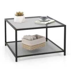 Costway Glass Coffee Table 27.5 Inch 2-Tier Square With Mesh Shelf Living Room Grey/Transparent -Baxton Studio Shop GUEST 61a27dcf b69f 4520 93f4 6bfce43b6c66