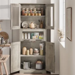 Pantry Cabinet, Tall Bathroom Storage Cabinet With Glass Doors And Adjustable Shelf, Freestanding Cupboard Tall Linen Cabinets