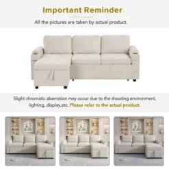 84"W Upholstered L-shaped Sofa Couch Convertible Sofa Bed Sectional Sofa With 2 Cup Holders, 2 USB Ports And Storage Space, Beige/Black/Gray-ModernLux -Baxton Studio Shop GUEST 635d302d 85a6 4333 9e28 99d99cfff882