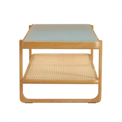 Modern Rattan Coffee Table,Rectangular Center Table With Tempered Glass Tabletop,2 Tier Wood Tea Table For Living Room Office Bedroom 7 Modern Rattan Coffee Table,Rectangular Center Table With Tempered Glass Tabletop,2 Tier Wood Tea Table For Living Room Office Bedroom - Image 7