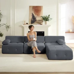 Mjkone L-Shaped Velvet 3-Seater Modular Sectional Sofa With Ottoman, Convertible Sofa Couches With Rivet Trim -Baxton Studio Shop GUEST 641ad509 9ee1 496f a850 5204ea572d6d