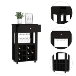 Evita Bar Cart With Twelve Built-in Wine Rack, Four Legs & One Open Shelf-14*23.6*34.9 Inch -Black -Baxton Studio Shop GUEST 64ab0335 a33f 48b0 87c2 10563bd21c6f