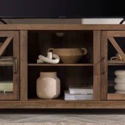 Clarabelle Transitional Glass Barn Door TV Stand For TVs Up To 65" - Saracina Home -Baxton Studio Shop GUEST 6628f029 4b8f 424d 8cff 4b7e2252ac0b