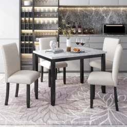 Modernluxe Faux Marble 5-Piece Dining Set Table With 4 Thicken Cushion Dining Chairs Beige+Black