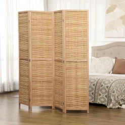 HOMCOM Room Divider, 5.5' Tall Bamboo Portable Folding Privacy Screens, Hand-Woven Double Side Partition Wall Dividers For Home, Natural