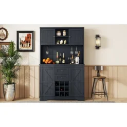 Gulches Timeless Multi Functional Coffee And Wine Bar Cabinet Open Shelves, 9 Grid Bottle Holders, 6 Hooks And Durable Build -Baxton Studio Shop GUEST 677f7461 1467 4ad9 81a7 c2246e51308d