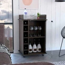 Gulches Modern Bar Cart With Glass Door Cabinet, 6 Liquor Cubbies, Locking Wheels And Spacious Top For Cocktails