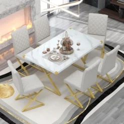 7 PCS Modern Dining Table Set, Marble Texture Kitchen Table And 6 PU Leather Chairs With X-Shaped Gold Steel Pipe Legs, White+Gold-ModernLuxe