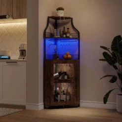 Corner Bar Cabinet, 61" Farmhouse Wine Rack With LED Light, Detachable 5-Tier Industrial Cabinet With Glass Holder & Adjustable Shelves-Brown -Baxton Studio Shop GUEST 6938c849 637d 459a bd66 5b508af1b604