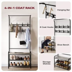Narrow Hall Tree Storage Bench, 4-in-1 Coat Rack With 3-Tier Shelf And 8 Hooks, Rustic Grey -Baxton Studio Shop GUEST 6ae74aec 8284 46bd b5ec e8b20af5b171