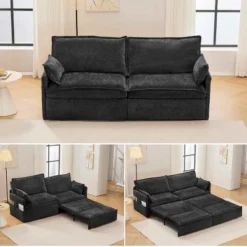 3-in-1 Corduroy Convertible Sofa Bed, 73'' Pull-Out Sleeper Couch With USB Ports And Side Pockets, Corduroy Couch With Pillows-Coolbibila