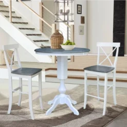 36" Round Extendable Dining Table With 2 X Back Stools White/Heather Gray - International Concepts