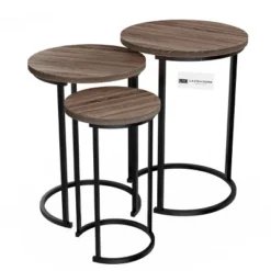 Hastings Home Round End Tables With Woodgrain-Look And Black Metal Base, Gray/Brown, Set Of 3 -Baxton Studio Shop GUEST 6bd47ff3 c126 4faa 9336 f5bd8e5da6ad