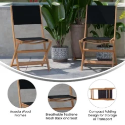 Flash Furniture 2PK All-Weather Acacia Wood Folding Bistro Chairs-Mesh Back/Seat-Natural/Black 14 Flash Furniture 2PK All-Weather Acacia Wood Folding Bistro Chairs-Mesh Back/Seat-Natural/Black -Baxton Studio Shop GUEST 6c1a6de2 87b9 46ce b439 b49e04866ab6