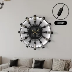Vintiquewise Large Clock Wall-Mount Metal Wine Shelf – 24-bottle Rack With Mesh Cork Basket And LED Light – Elegant Wine Display