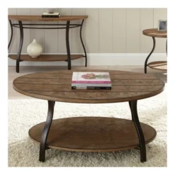 Denise Cocktail Table Oak - Steve Silver Co.: Rustic Oval Design, Metal Frame, Wood Veneer Finish, Fixed Shelf