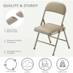 SUGIFT 4-Pack Heavy Duty Metal Folding Chairs With Padded Seat & Back, Portable For Indoor/Outdoor Events, Office, Wedding, Party, Beige, 330 Lbs