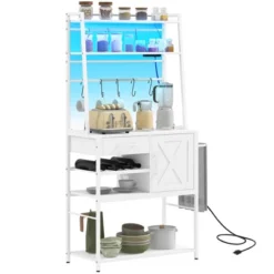 HOMCOM Kitchen Baker's Rack With Power Outlet, LED Lights, Microwave Stand With Storage Shelves, Wine Bottle Rack, Barn Door Cabinet -Baxton Studio Shop GUEST 6d485fa0 faac 43f2 be66 ec07d14b2255
