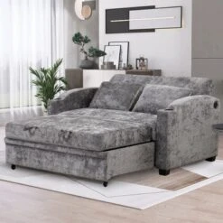61.4" Pull Out Chenille Loveseat Sofa Bed With Adjustable Backrest, USB Ports, Cup Holders And Pillows -Baxton Studio Shop GUEST 6dfdb0d3 e2b3 4636 a7ca 0c3508dc2ade