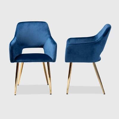Set Of 2 Germaine Velvet Upholstered Metal Dining Chairs Navy Blue/Gold - Baxton Studio: Mid-Century Modern, Arm Style: Polyester, Spot Clean 2 Set Of 2 Germaine Velvet Upholstered Metal Dining Chairs Navy Blue/Gold - Baxton Studio: Mid-Century Modern, Arm Style: Polyester, Spot Clean - Image 2
