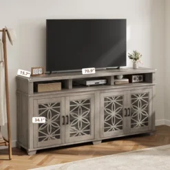 Farmhouse TV Stand For 80 Inch, Mid Century Entertainment Center With LED Lights, Wooden Media Cabinet With Glass Door For Living Room, Whitewash -Baxton Studio Shop GUEST 6ea8df3b 41ac 4e39 b508 2ba1ea2b9061