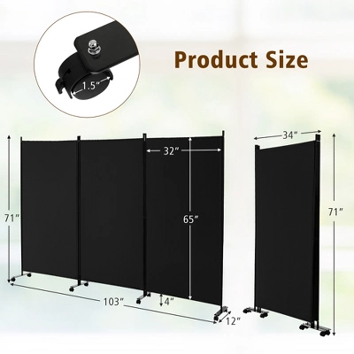 Costway 3-Panel Folding Room Divider 6Ft Rolling Privacy Screen WithLockable Wheels Black/Brown/Grey/White 2 Costway 3-Panel Folding Room Divider 6Ft Rolling Privacy Screen WithLockable Wheels Black/Brown/Grey/White - Image 2