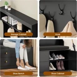 SEVOBAL Freestanding Coat Racks Hall Tree With Storage Bench And Storage, Entryway Organizer With 7 Hooks For Farm Lovers, Black, 70.9"*40.1"*19.7"