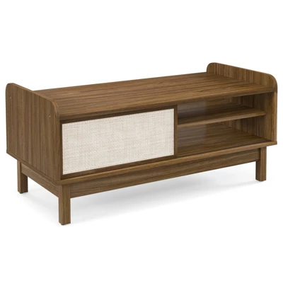 Costway Coffee Table Mid Century Modern Coffee Table With Storage Weaving Rattan Sliding Doors Adjustable Shelf 9 Costway Coffee Table Mid Century Modern Coffee Table With Storage Weaving Rattan Sliding Doors Adjustable Shelf - Image 9