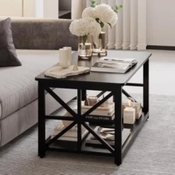 2-Tier Coffee Table For Small Spaces, X-Frame Living Room Low Coffee Table With Storage Shelf -Baxton Studio Shop GUEST 72741742 9639 4f06 a9d7 bb5121dd5d8f