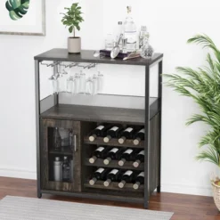 Corner Wine Rack, 3-Tier Freestanding Bar Cabinet For Kitchen, Living Room - 69x35x92cm With Glass Holder & Mesh Door -Baxton Studio Shop GUEST 72f4ded0 7053 4235 adf1 cde4cf42000b
