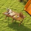 Costway Folding Aluminum Camping Table With Carry Bag Roll-Up Picnic Table With Wood Grain