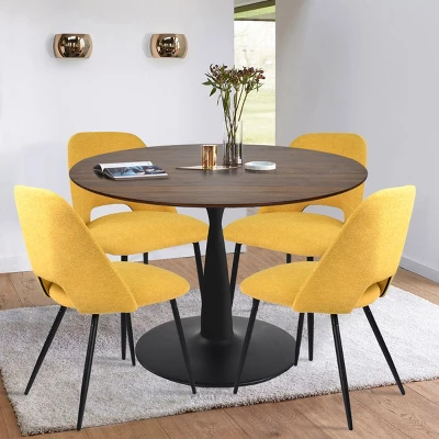 Harold+Edwin 5-Piece Walnut Foil Round Top Pedestal Dining Table Set With 4 Upholstered Chairs -The Pop Maison 1 Harold+Edwin 5-Piece Walnut Foil Round Top Pedestal Dining Table Set With 4 Upholstered Chairs -The Pop Maison