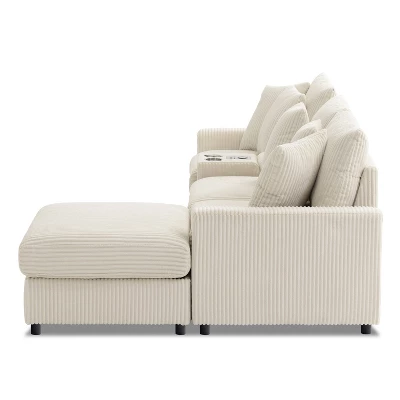 114''W Corduroy L-Shaped Sectional Sofa With Bluetooth Speakers, USB Charger, Cup Holders And Ottoman - ModernLuxe 11 114''W Corduroy L-Shaped Sectional Sofa With Bluetooth Speakers, USB Charger, Cup Holders And Ottoman - ModernLuxe - Image 11
