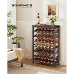SONGMICS 42-Bottle Wine Rack Free Standing Floor, 7-Tier Display Wine Storage Shelves With Table Top, Bamboo Wobble-Free Bottle Holder, Ink Black