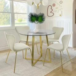 HANA+FLAVIA 5-Piece Round Clear Glass Gold Legs Dining Table Set With 4 Upholstered Chairs-The Pop Maison -Baxton Studio Shop GUEST 766245fb 177c 4f92 ba22 0b6a79598643