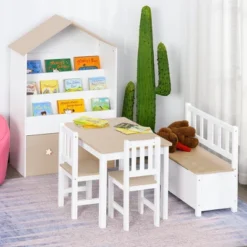Aghana Digitals Kids 4-Piece Activity Set: Pinewood Table, 2 High Back Chairs & Storage Bench,