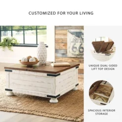 Wystfield Cocktail Table With Storage White/Brown - Signature Design By Ashley: Rectangular Lift-Top, Distressed Two-Tone Finish -Baxton Studio Shop GUEST 77145aee 2395 428f 8f69 3b56cf7d8eb2