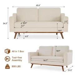 Dyonery 65.4" Comfy Loveseat Couches For Living Room Mid Century Modern Small Couch With Spring Cushion,Solid Wood Frame,Tool-Free Assembly