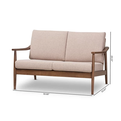 Venza Mid-Modern Walnut Wood Fabric Upholstered 2 Seater Loveseat Light Brown - Baxton Studio 8 Venza Mid-Modern Walnut Wood Fabric Upholstered 2 Seater Loveseat Light Brown - Baxton Studio - Image 8