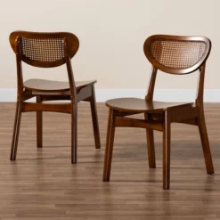 Baxton Studio 2pc Hesper Wood And Rattan Dining Chair Set Walnut Brown/Light Brown: Mid-Century, Crescent Backrest, Angled Legs -Baxton Studio Shop GUEST 788aeac7 9f64 4930 ab22 99000f1bf389