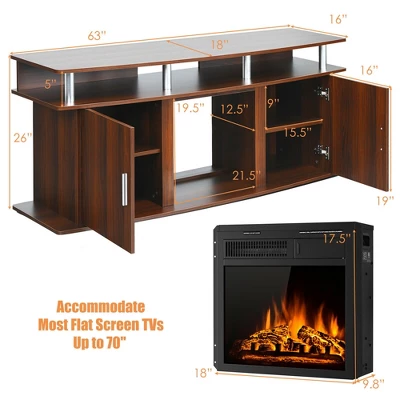 Costway 63'' Fireplace TV Stand W/18'' 1500W Electric Fireplace Up To 70'' Walnut 1 Costway 63'' Fireplace TV Stand W/18'' 1500W Electric Fireplace Up To 70'' Walnut
