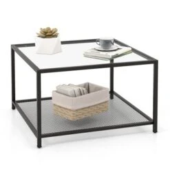 Costway Glass Coffee Table 27.5 Inch 2-Tier Square With Mesh Shelf Living Room Grey/Transparent -Baxton Studio Shop GUEST 7992393d bc40 4741 a1d5 e28bd5309a41
