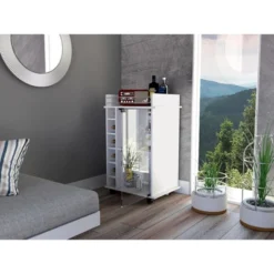 Gulches White Bar Cart With Glass Door, Wine Rack & Locking Casters